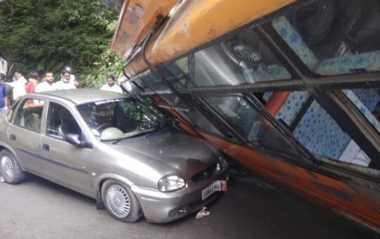 major mishap averted as bus turned over car)