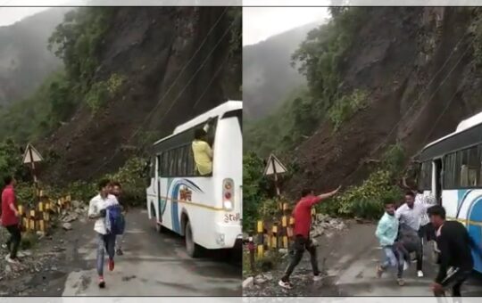 heavy landslide in nainital, bus escapes narrowly)
