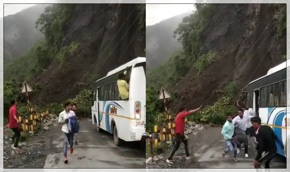 heavy landslide in nainital, bus escapes narrowly)