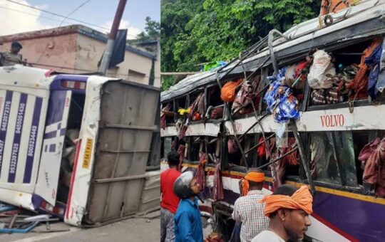 bus overturned on road 34 injured 1 killed