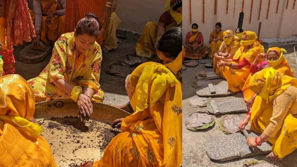 women extracts oil for badrinath dham