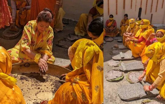 women extracts oil for badrinath dham