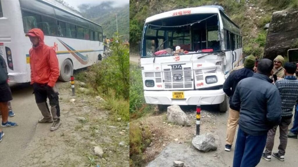 major accident averted as bus hangs into ditch in yamunotri highway