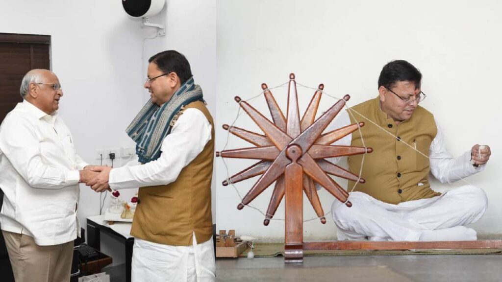 cm dhami spiined wheel at sabarmati ashram
