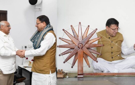 cm dhami spiined wheel at sabarmati ashram